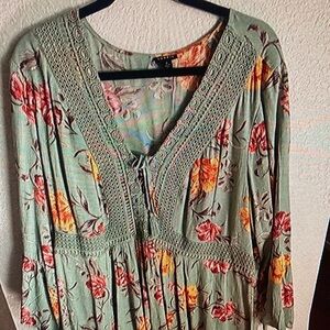 Women's Floral V-Neck Blouse in Mint with Pink & Yellow Flowers